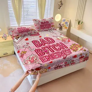 Sparkling Diamond Texture Slogan Print Fitted Sheet Set, Sweet Light Pink Bedding Set, Decorative Bedsheet Sets, Durable Soft Microfiber Bedding, Sweet Colors, Perfect for Room Decoration, 3Pcs Includes Two Pillowcases