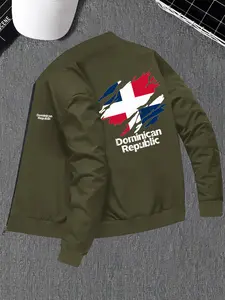 Men's Vintage Baseball Jacket, Dominican Republic Flag Print, Olive, Fitted Casual Zipper Outerwear, Durable Fabric, Winter Style, Flagship Jackets