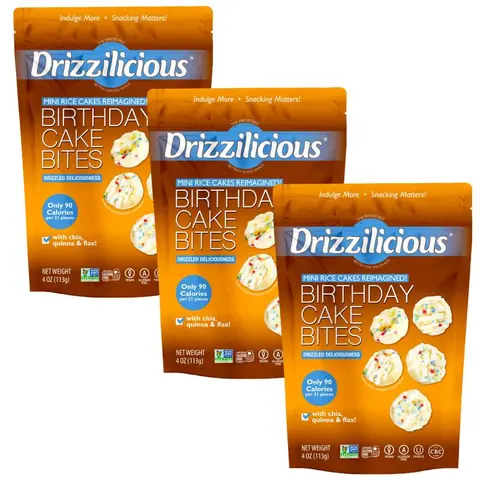 Drizzilicious Mini Rice Cakes – Birthday Cake Flavor, Low Sugar, Gluten Free, Vegan, 90 Cal, Healthy Snack for Kids & Adults – 4oz