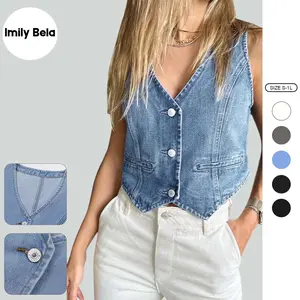 Imily Bela Womens Denim Vest Sleeveless V Neck Button Down Jean Waistcoat Jacket Y2K Summer Crop Tops Cropped Cropped Cropped Cropped