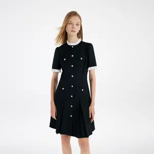 Ruffle Trim Pearl Buttons Women Mini Dress Fit Summer