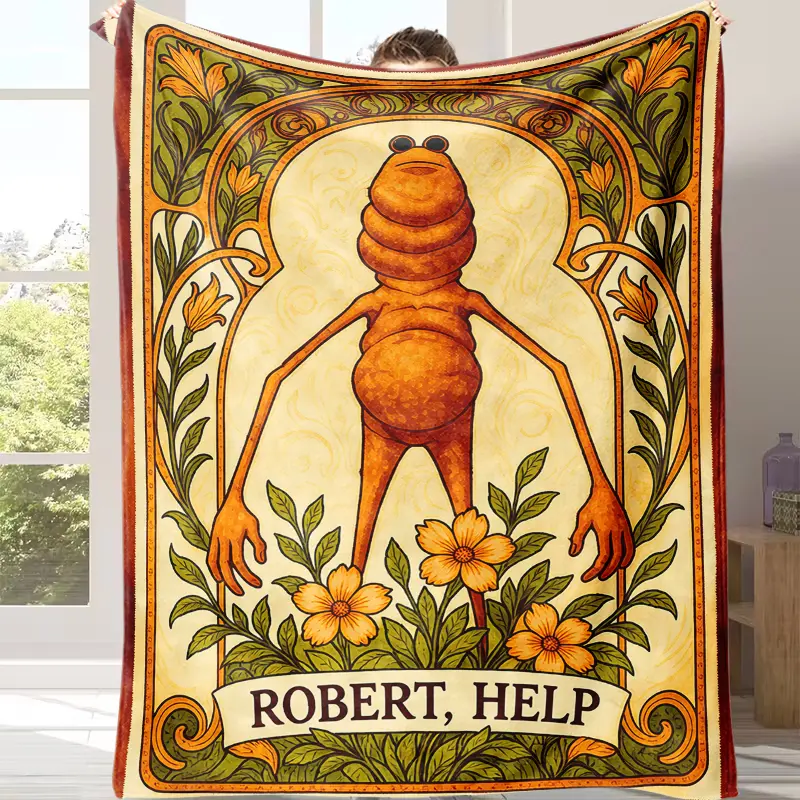 Robert Help Weird Creature Art Nouveau Floral Frame Print Fleece Throw Blanket, Vintage Ornate Border Strange Character Soft Plush Blanket For Bed Sofa Decor, Retro Botanical Art Blanket, Unique Novelty Birthday Holiday Gift For Meme & Weird Art Fans