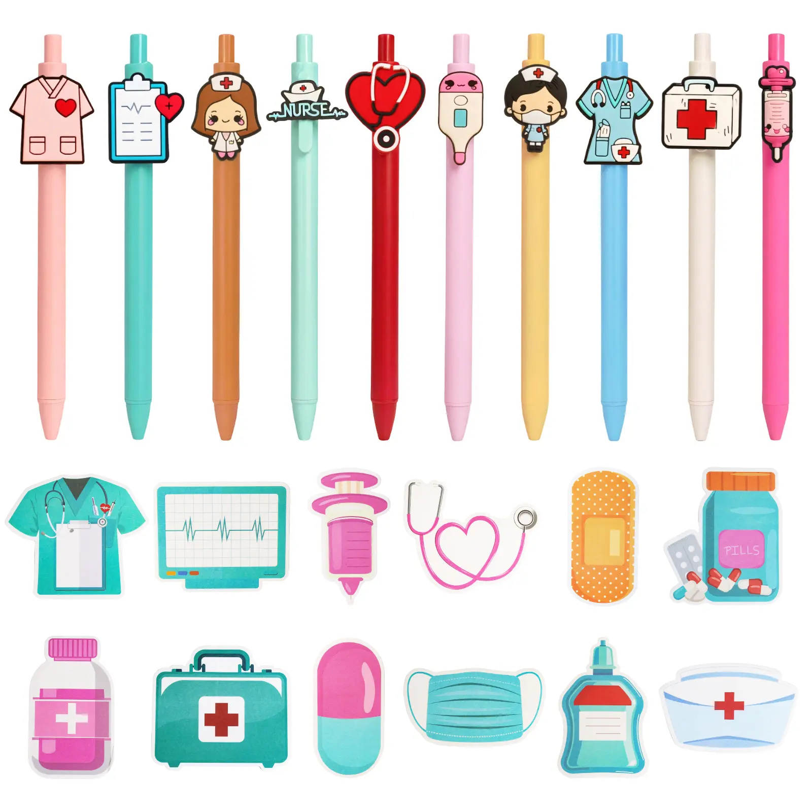 22pcs cute nurse sets, funny nurse work accessories aesthetic gel pen black ink and nurse notes set, 10 nursing ballpoint pens plus 12 types of nurse notes, medical care theme creative gifts, suitable for office supplies, doctor awards