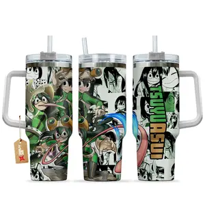 [Sip40 Otaku] My Hero Academia Tsuyu Asui 40oz Travel Mug With Handle, Froppy Anime Stainless Steel Tumbler, UA Class 1-A Hero Cup, Leak Resistant Insulated Coffee Tumbler, Gift for MHA Fans