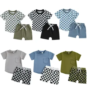 Toddler Baby Boy Summer Clothes 0 3 6 9 12 18 24Months 2t 3t 4t 5t Checkerboard Print Short Sleeve T-Shirt Tee Tops Stretch Rolled Shorts Infant Two Piece Outfits