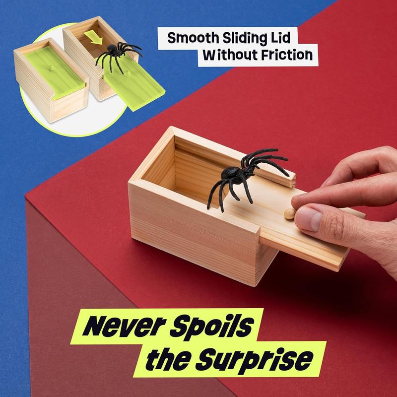 Mini Spider Prank Box - Surprise Wooden Gag Gift, Perfect for Birthday, Halloween & Birthday Pranks, April Fools Day, Harmless Joke with Rubber Spider, Startling & Reusable Prank Kit
