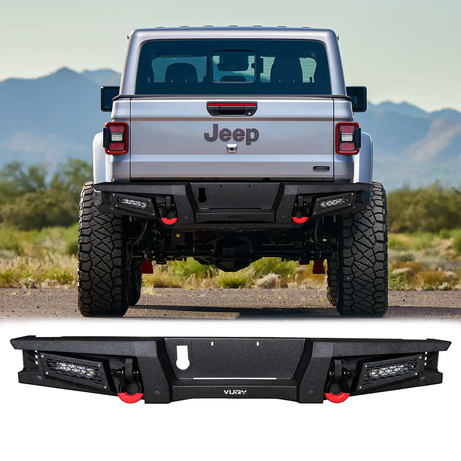 Vijay Textured Look Metal Rear Bumper for 2020-2025 Jeep Gladiator JT, with Winch Plate, LED Lights, 2 D-Ring Mounts, Perfect Fit, Off-Road Visibility Boost, Durability and Strength, Simple Screw Installation