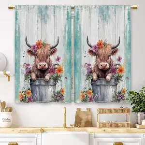 Cute Baby Highland Cow Kitchen Curtains Farmhouse Teal Wooden Small Short Cafe Window Curtains Rustic Animal Rod Pocket Bathroom Window Drapes Treatment Tier Curtains 2 Panels (27.5x39 Inch)