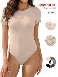 Round Neck Basic Ruched Short Sleeve Bodysuit, Slim Fit Casual Top, Plain Pattern, Multi-Color Options, Versatile Fitted Womenswear