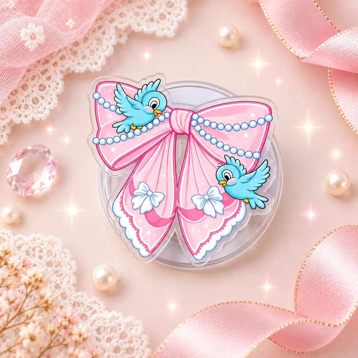 Pink Fairytale Bow MagSafe Phone Grip – Blue Bird Acrylic Magnetic Phone Holder & Kickstand, Pearl Coquette Phone Accessory, Cute Princesscore Gift
