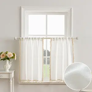Japanese Minimalist Linen Curtain, Light-Filtering Non-Sheer French Cream Vintage Fringe Drapes, Kitchen Window Half Door Short Curtains, Room Decor Curtain