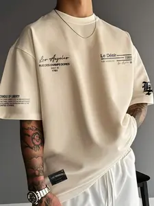Vintage Los Angeles Graphic T-Shirt - Minimalist Urban Casual Streetwear Round Neck Short Sleeve Tee - Neutral Cream Oversized Top for Skater & Hip Hop Style