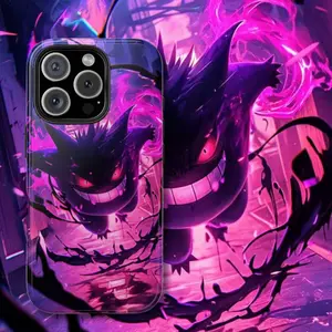 Gengar Inspired Neon Purple Phone Case, Ghost Monster Anime Artwork Cover, Vibrant Gaming Aesthetic Tough Protective Case for iPhone 15 16 17