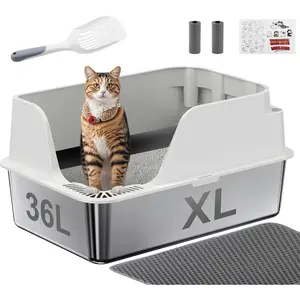 Stainless Steel Litter Box with Lid, XL Metal Litter Box Large for Big Cats, with High Sided, Anti-Leakage, Odor-Free & Easy Cleaning, Included Scoop &Trash Bag*2 & Mat & Sticker, White