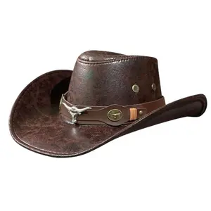 Distressed Bull Skull Cowboy Hat, Vintage Cracked Leather Detail, Cattleman Crown Unisex Hat for Outdoor & Rodeo