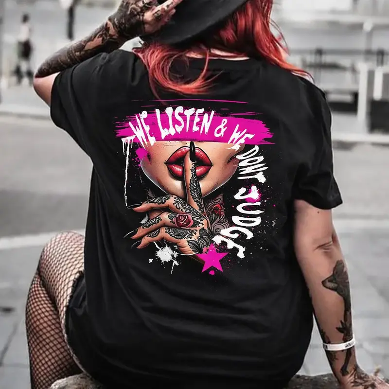 WE LISTEN & WE DON’T JUDGE Keep Silent Tshirt, Hoodie, Sweatshirt, Aesthetic Tatoo Outfits, Streetwear Style, Retro Vintage Y2k Women Graphic Tees
