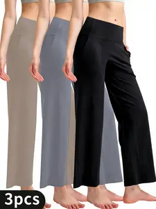 3 Pairs of High-Waisted Fleece-Lined Straight-Leg Athletic Pants Solid Colors Minimalist Palazzo Style with Pockets for Women's Everyday Wear Casual Wide Leg Womenswear