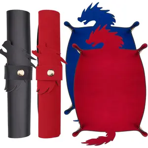 2 Pieces Dragon Dice Rolling Tray PU Leather Dice Mat Folding Scroll Dices Holder for D&D RPG Games (Blue, Red)
