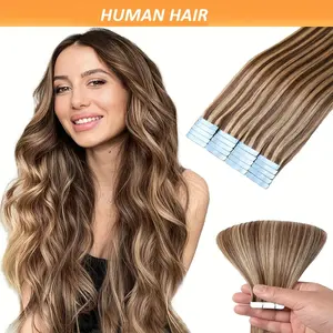 20pcs Real Human Hair Tape-In Extensions - Long 16-28 Inch Straight Hair Extensions with Natural Brown Highlights, Double-Sided Tape-In Application, No Glue Needed, Seamless Blending for Parties, Weddings, Everyday - # 4/27 Medium Brown to Blonde Ombre (3