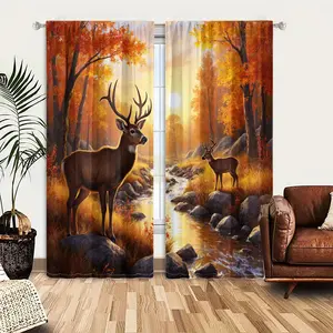2pcs Window Curtains, Room Decor Curtain, Two majestic deer stand by a winding stream in a vibrant autumn forest, bathed in the golden light of the setting sun.Window Drapes for Bedroom Living Room, Rod Pocket Window Treatment