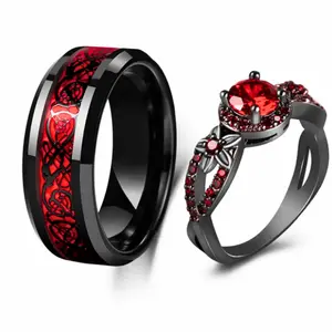 Charm Couple Rings, Romantic Red Flower Ring For Women & Stylish Stainless Steel Ring For Men, Wedding/Engagement Bands, Jewelry Couple