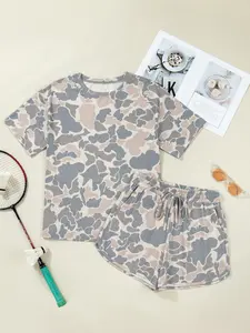 Women's 2 Piece Outfits Summer Casual Camo Print Short Sleeve T-Shirt and High Waist Drawstring Shorts Set Loungewear Sweatsuits fathersdaygift Chic Womenswear
