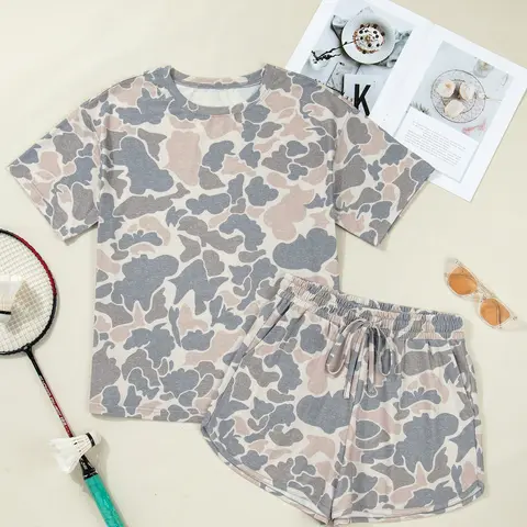 Women's 2-Piece Chic Camouflage Tracksuit - Short Sleeves T-Shirt, High Waist Adjustable Elastic Waist Hugs Softly Shorts Set, Cool & Breathable Summer Casual Activewear Loungewear