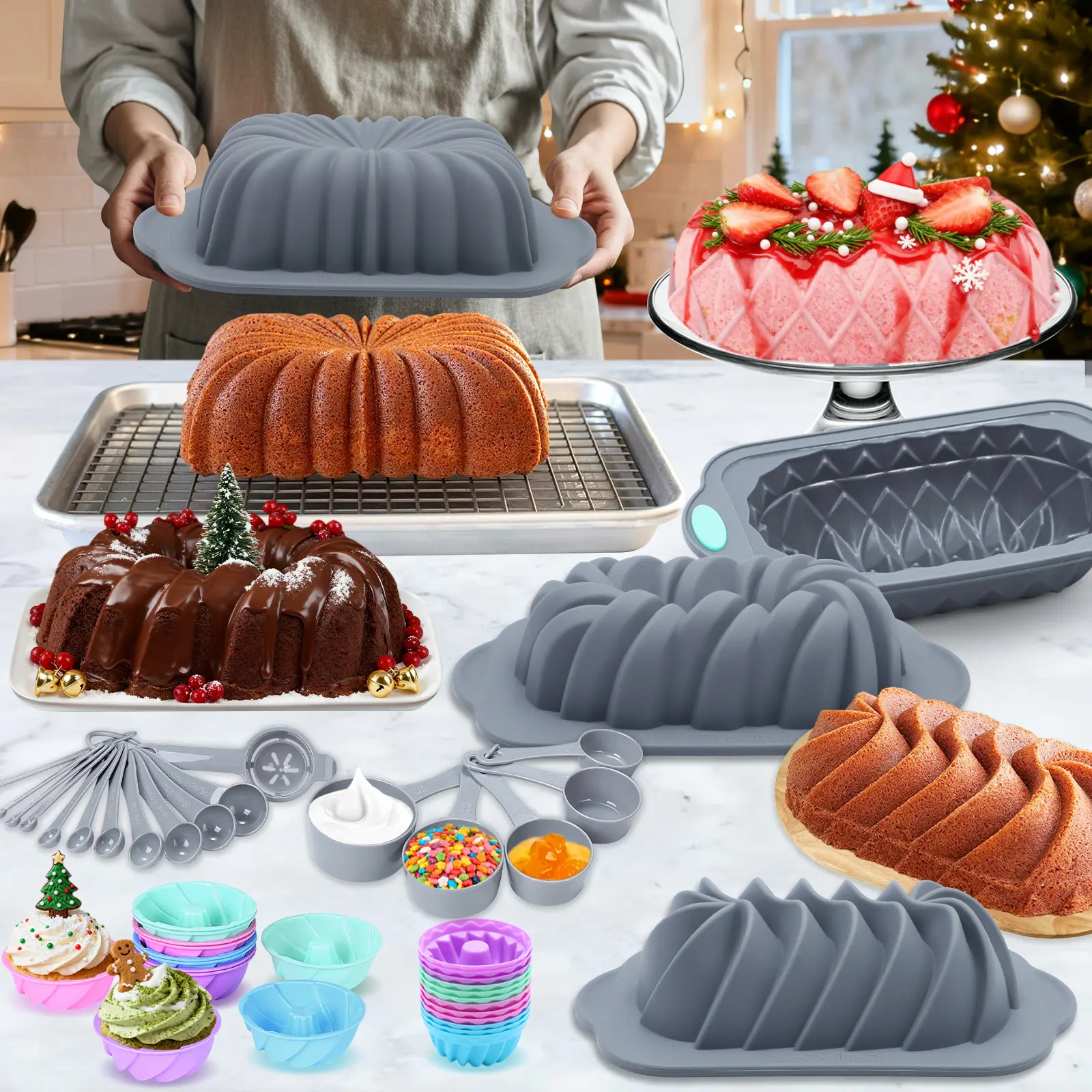 4 pack Silicone Bread Loaf Pan, Exclusive & Novelty Collection Cake Pans, Lotus/ Spiral/ Braided/Classic Fluted Shape Loaf Pan, Oven Rectangular Non-Stick baking mold for Cakes, Breads, Meatloaf and quiche, jelly，Christmas gifts