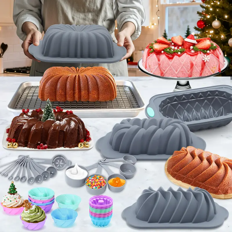 4 pack Silicone Bread Loaf Pan, Exclusive & Novelty Collection Cake Pans, Lotus/ Spiral/ Braided/Classic Fluted Shape Loaf Pan, Oven Rectangular Non-Stick baking mold for Cakes, Breads, Meatloaf and quiche, jelly，Christmas gifts