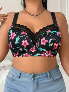 Women's Plus Size Floral Lace Push-Up Bra, Full Coverage Underwire Anti‑sagging, Wide Adjustable Straps Cover Side Breasts,Medium Support, Breathable Everyday Wear, Fit, Floral Print Bra