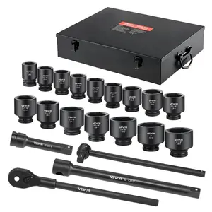 VEVOR 1 in Drive Impact Socket Set, 21 Piece, 6 Point Shallow Impact Sockets, SAE (1-5/8 in to 3-1/8 in), with 8 in 18 in Extension Bars, 24 in Ratchet, Cr-V Steel, Size Marking, and Carrying Case