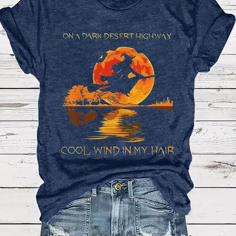 Women’s Letter and Sunset Graphic Print Round Neck Tee, Crewneck Casual Tops, Vintage Casual Lightweight Short Sleeve T-Shirt for Daily Wear, Summer, Womenswear
