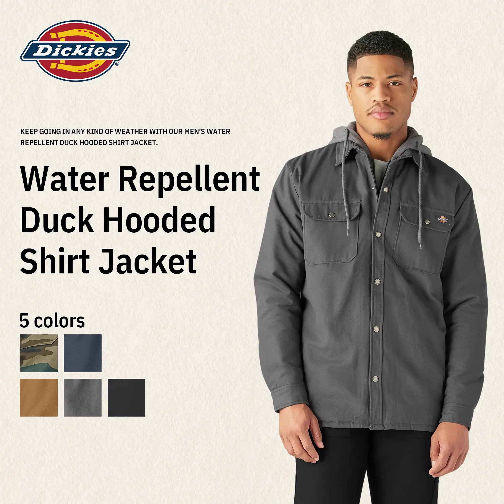 Dickies | Water Repellent Duck Hooded Shirt Jacket,100% Cotton,Chest Pockets,DWR Water-Repellent,Classic Workwear