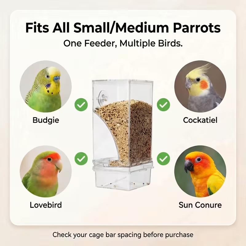 No Mess Bird Feeder Anti Spill Parrot Seed Feeder Easy Clean Tool Free Install 7 Day Capacity for Small Medium Parrots Universal Fit Budgies Cockatiels