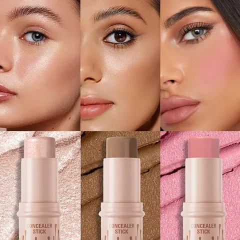 Women's 3PCS Long-Lasting Concealer & Contouring Sticks Kit - Cream Bronzers, 3 Highlighters, Blush, Lightweight, Waterproof, Sweat-Resistant, Transfer-Proof, Flawless Daily Wear Cosmetics (02#+08#+10#) for Bronzed Makeup, Glowing Makeup, Natural Glow