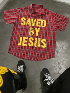 Men's Red Plaid "Saved By Jesus" Short Sleeve Button Up Shirt - Distressed Yellow Letter Print Christian Faith Streetwear, Retro Y2K Casual Plaid Top for Summer, Vintage Inspired Button Down Shirt