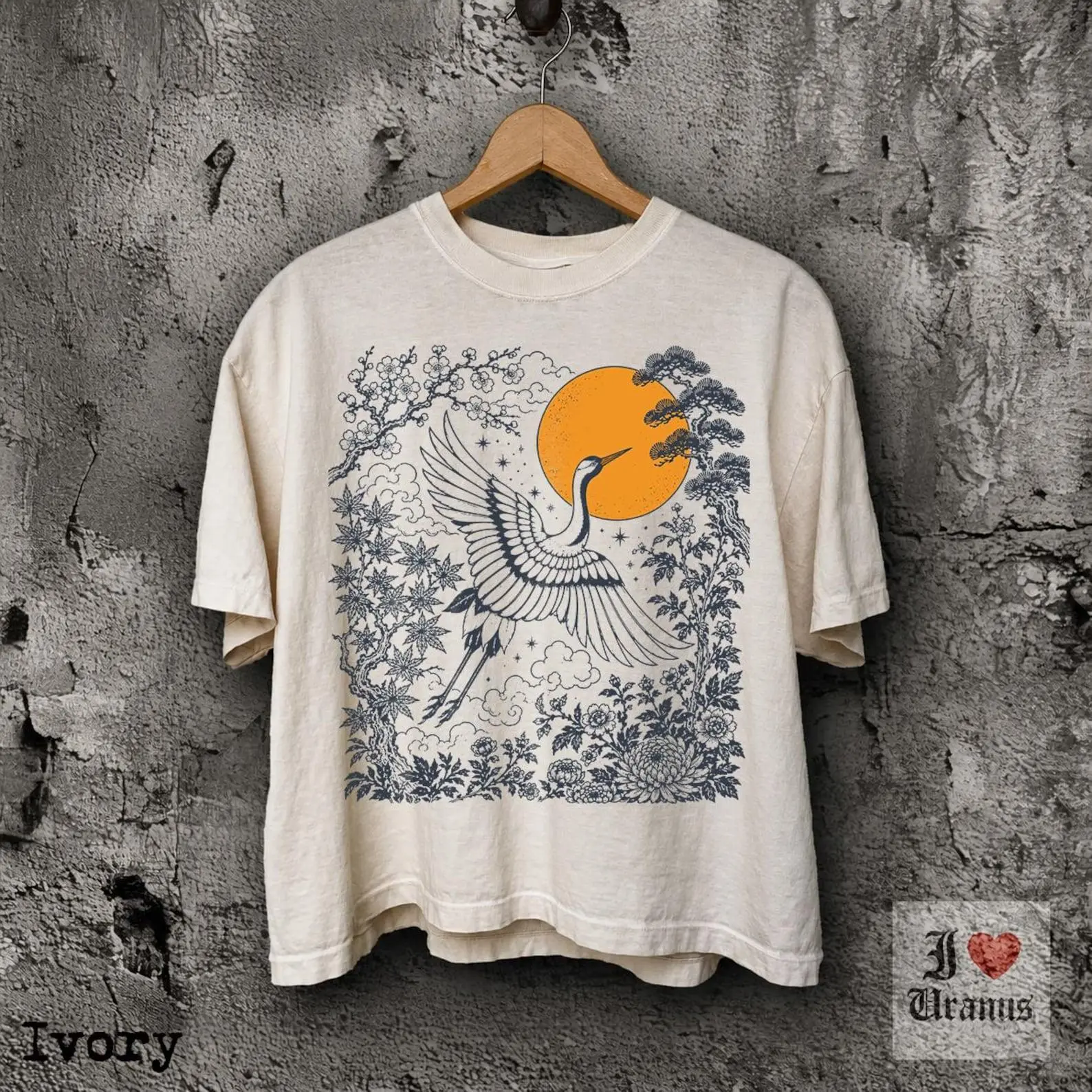 Retro Crane and Red Sun Comfort Colors Cropped Boxy Tee, Vintage Linocut Bird Graphic Shirt, Folk Art Nature Top, Wildlife Lover Gift