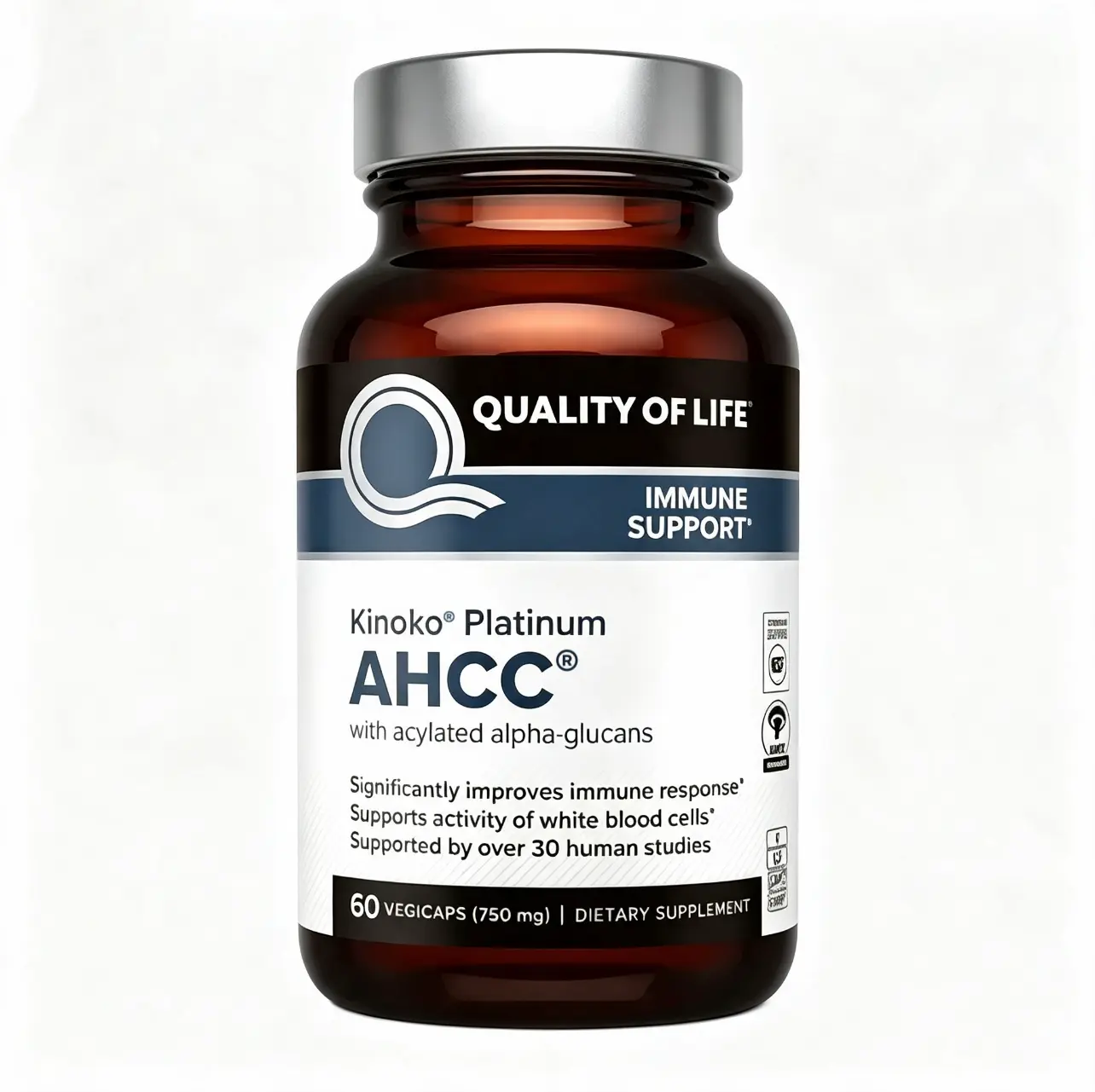 Quality of Life AHCC Kinoko Platinum 750 mg – Premium Immune Support Supplement - 60 Count Bottles