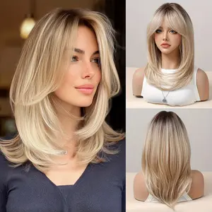 Short Ombre Blonde Brown Bob Wigs for Women，Cute Layered Mixed Blonde Synthetic Wig, Straight Hair, Nature Looking, High Temperature Fiber, Rose Net Cap, Daily Theme
