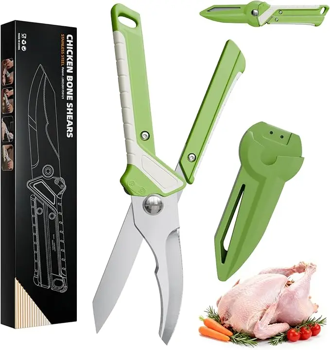 Heavy-Duty 3-in-1 Kitchen Shears - Heavy Duty Scissor with Chicken Bone Cutting, Knife Function, Anti-Slip Handle, Switch Slider, Built-In Magnetic Sheath for Meat, Vegetables