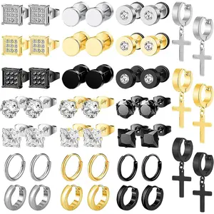 24 Pairs Stainless Steel Earrings for Men  Inlaid Cubic Zirconia Studs Hoop Earring Cross Dangle Earrings Unisex Punk Stud Earring for Women Men