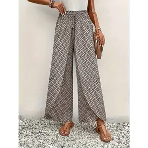 Spring Summer Women Elegant Wide Legs Pants Casual Vacation Beach Print Trousers Office Lady Loose High Waist Pants
