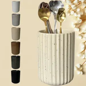 Stoneware Coffee Bar Utensil Holder, Fluted Vertical Stripe Design (Speckled Beige), Ideal for Tea & Coffee Spoons, Stir Sticks, Straws & Small Utensils