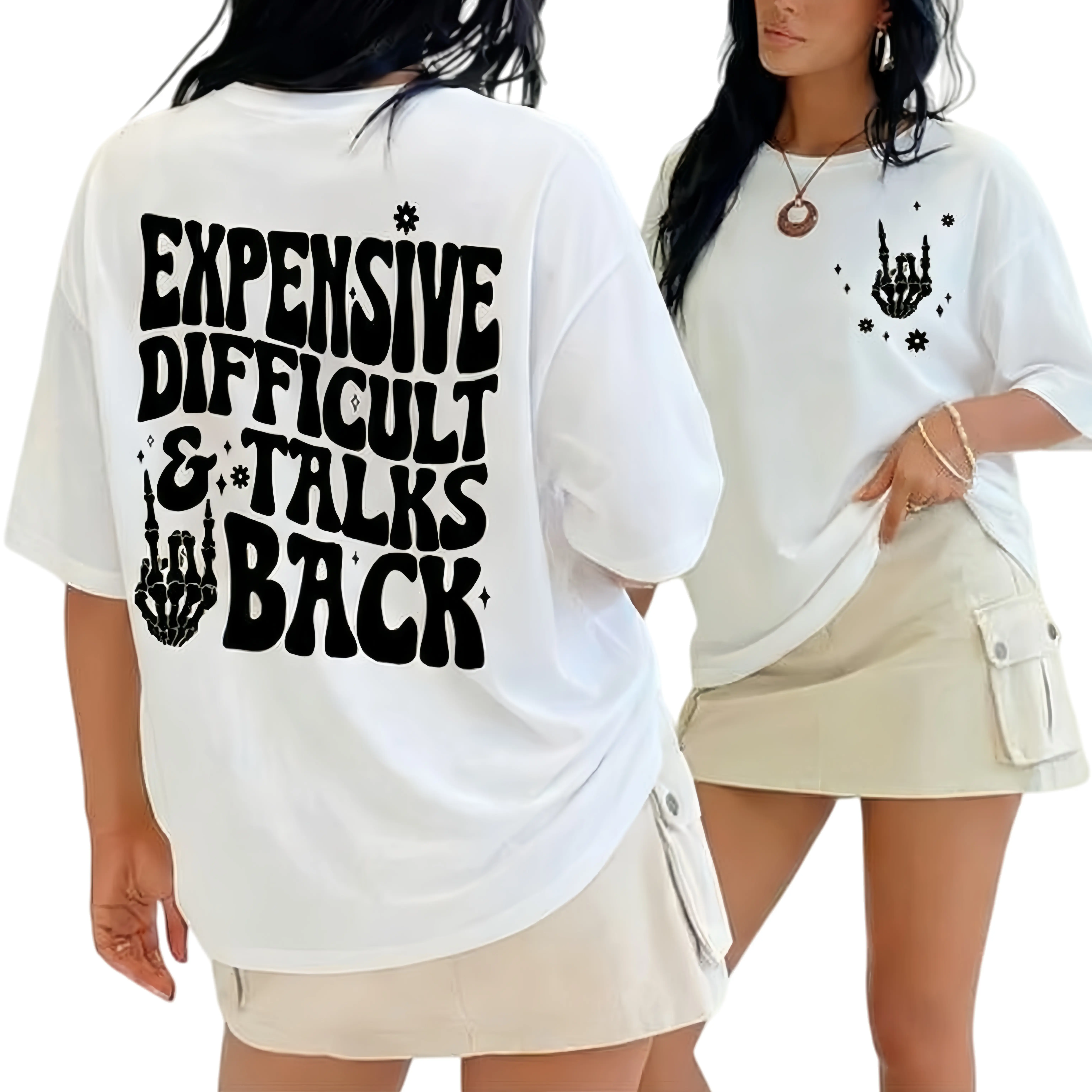 Women's Oversized H-Type Graphic Tee - Cotton Short Sleeve Round Neck Top with 'Expensive Difficult & Talks Back' Skeleton Graphic Print for Everyday Wear