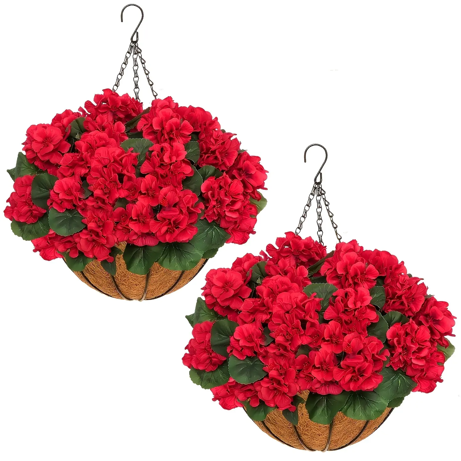 2 Set Artificial Red Geraniums Flowers for Outdoors with Hanging Baskets, 2 Hanging Planters with 12 Pcs Red Geranium Flowers for Christmas Front Porch Garden Patio Home Decor (2, Red)
