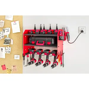 SUOERNUO Wall-Mount Power Tool Organizer with Charging Station, 3-Layer Heavy-Duty Metal Storage Rack, 4 Cordless Drill Holders & 8-Outlet Power Strip – Father's Day Gift Idea for Him, Unique Dad Birthday Gift, Mens Gifts