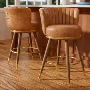 Counter Height Bar Stools Set of 2, 26 inch Swivel Upholstered Barstools with Backs, Brown Leather Kitchen Stools with Wood Legs and Footrest, Bar Chairs for Kitchen Island
