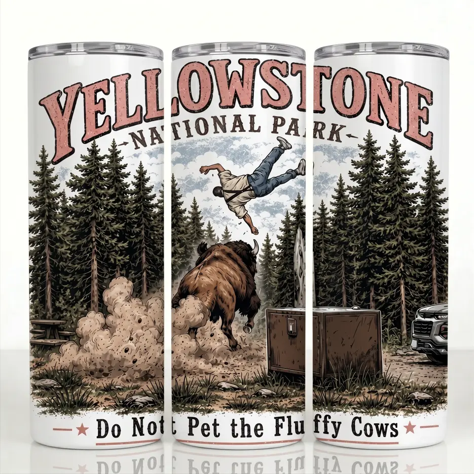 Yellowstone National Park Do Not Pet The Fluffy Cows Funny Bear Tumbler 40oz-20oz, Camping Wildlife Travel Mug with Handle, Gift for National Park Lovers