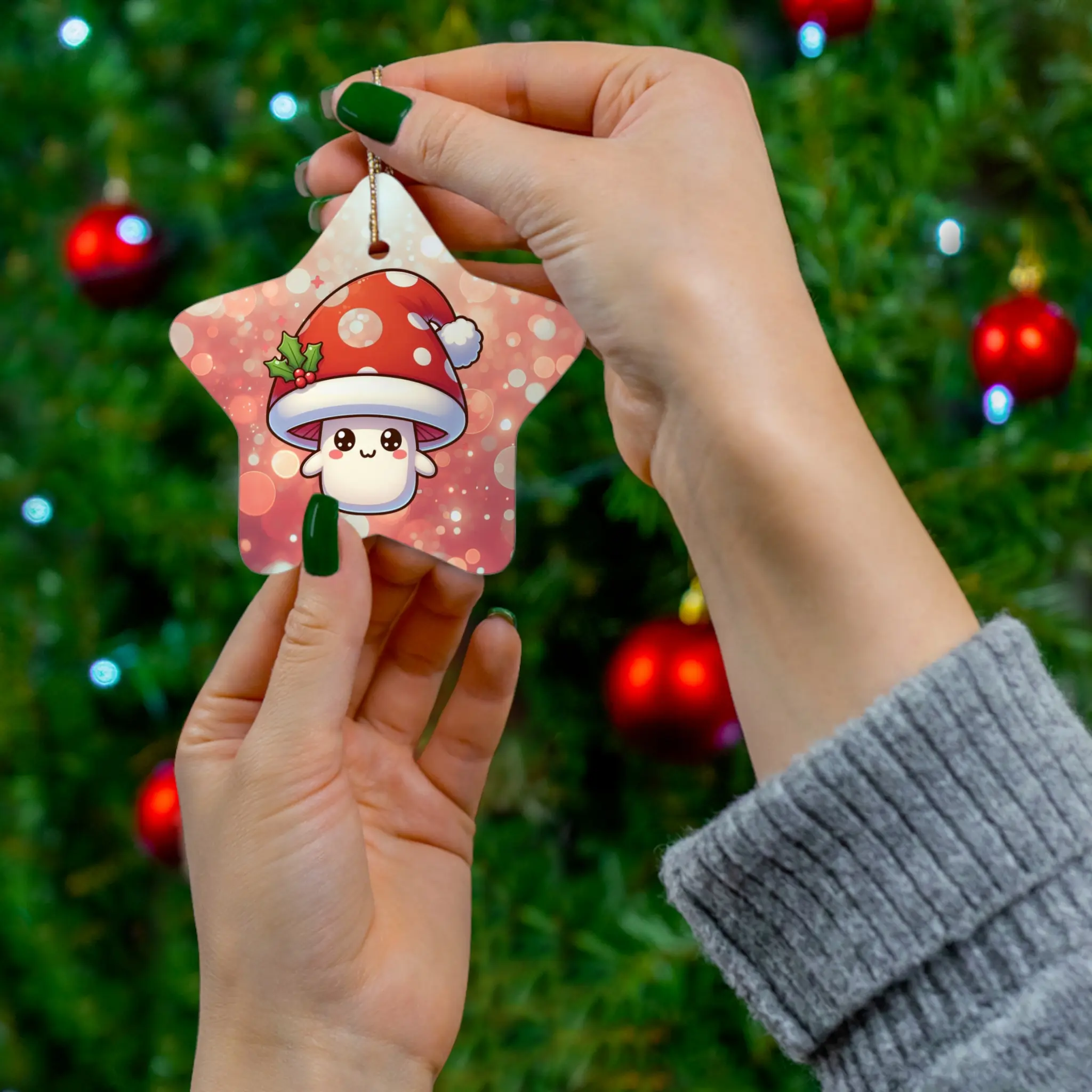 Trendy Adorable Christmas Mushroom Christmas Tree Ornament, Holiday Decoration, Festive Tree Ornament, Seasonal Decor, Cute Xmas Ceramic Ornament, Cottage Core
