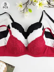 ✨ 3 Pack Women's Sexy Floral Lace Underwire Seamless Bra | Everyday & Date Night Wear Push Up Lift Anti-Sagging Side Support, Adjustable Straps Multi-Row Hook Closure, Small Bust Friendly Fit Breathable No Slip No Ride Up Comfy Daily Lingerie
